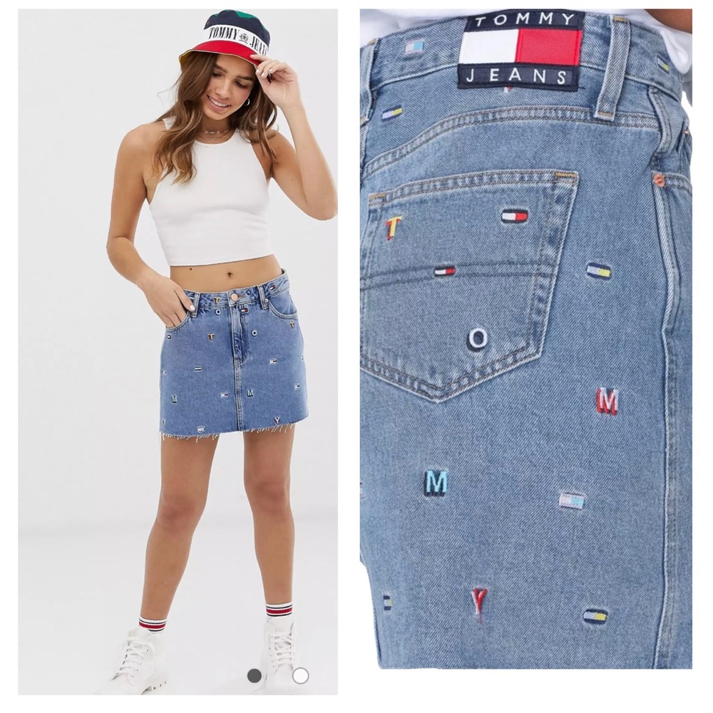 Tommy Jeans Skirt Embroidered Denim Raw Hem Size 24
